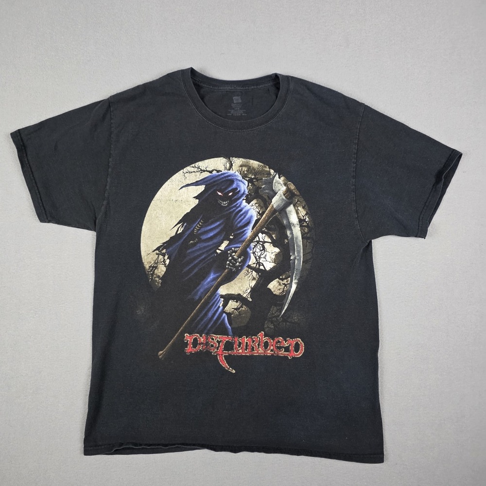 Disturbed T-Shirt Large Grim Reaper Metal Rock Promo Band Tee Faded